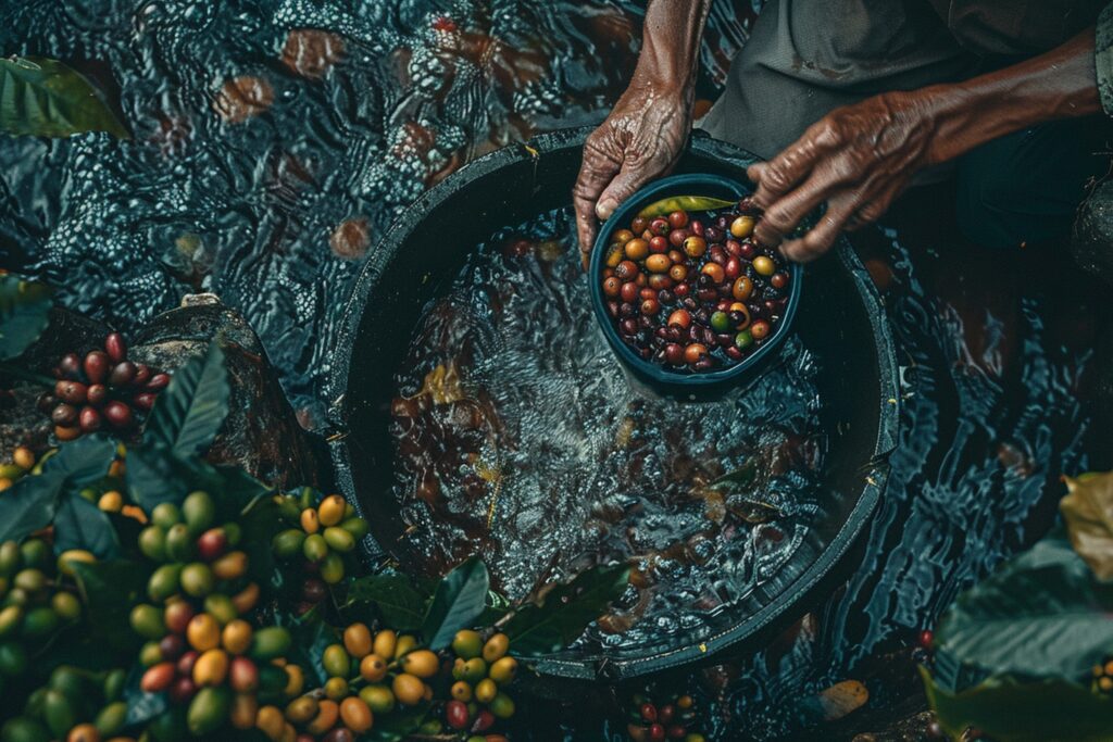 Person washing harvested coffee cherries in a container of water, surrounded by more coffee cherries on the ground. | Hustle Coffee