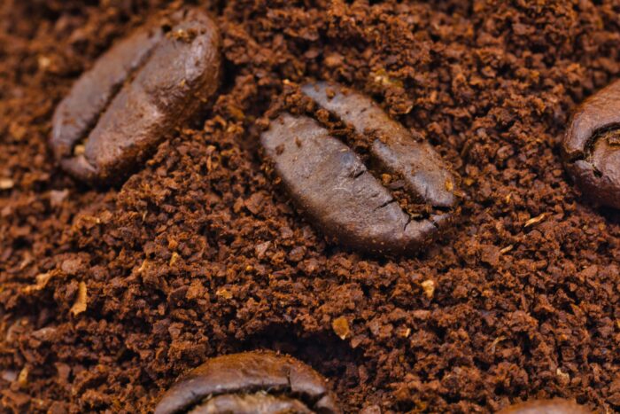 Close-up of roasted coffee beans resting on a bed of ground coffee. | Hustle Coffee