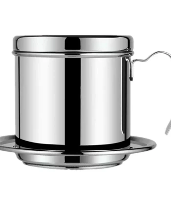 Stainless steel coffee filter with a handle and matching drip tray on a white background. | Hustle Coffee