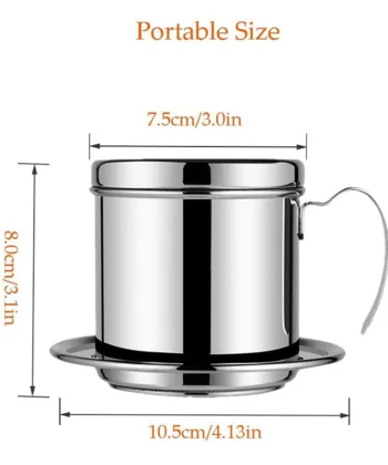 Metal coffee dripper with measurements: height 8 cm, width 7.5 cm, base width 10.5 cm. Text: "Portable Size". | Hustle Coffee