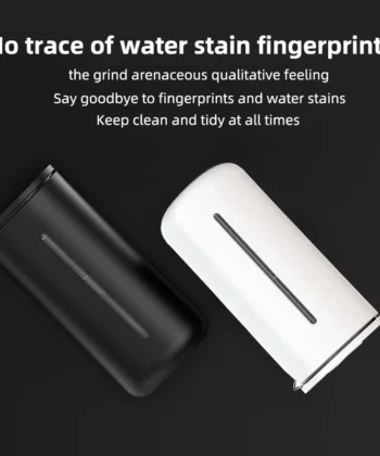Two sleek soap dispensers, one black and one white, are displayed with text claiming they prevent water stains and fingerprints. | Hustle Coffee