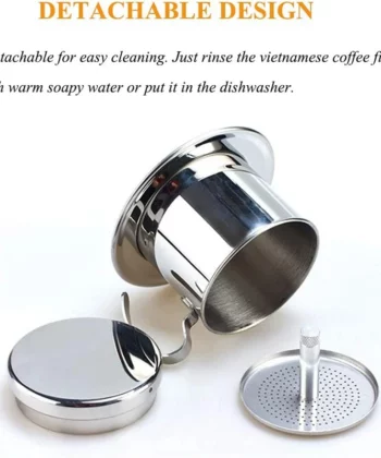 Vietnamese coffee filter with detachable design, showing a lid, base, and perforated filter on a white background. | Hustle Coffee