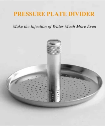 A silver pressure plate divider with a knurled handle and perforated surface on a gray background. | Hustle Coffee