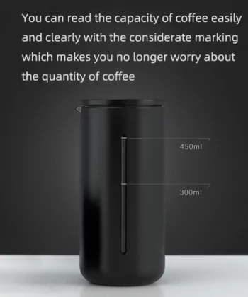 A black coffee mug with capacity markings of 300ml and 450ml, under a text about easy quantity reading. | Hustle Coffee