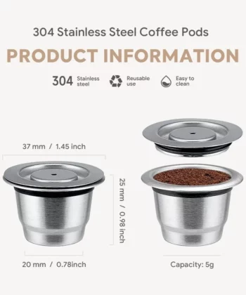 Infographic of stainless steel coffee pods showing dimensions, reusable use, and easy-to-clean features. Capacity: 5g. | Hustle Coffee