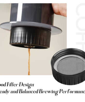 Close-up of a coffee press filtering liquid with text: "Good Filter Design, Steady and Balanced Brewing Performance. | Hustle Coffee