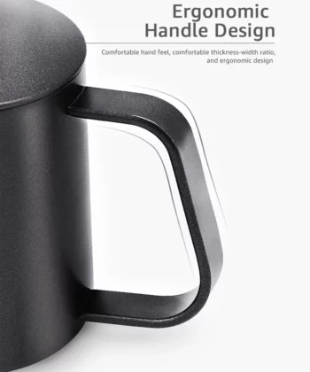 Black mug with an ergonomic handle and text stating "Ergonomic Handle Design" and "Comfortable hand feel. | Hustle Coffee