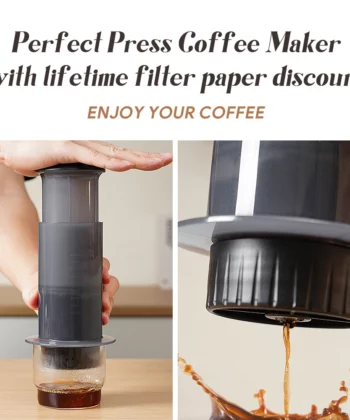 Hand pressing a coffee maker above a glass cup, with coffee dripping into the cup. Text above describes product features. | Hustle Coffee