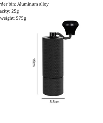 Manual coffee grinder with a black handle, dimensions labeled 15cm by 5.5cm, made of aluminum alloy. Capacity: 25g, Weight: 575g. | Hustle Coffee