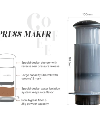 Illustration and photo of a coffee press maker showing dimensions, features like non-bypass filter, and special plunger design. | Hustle Coffee