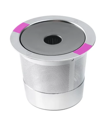 Silver metal infuser with a perforated cylindrical body and a round lid, featuring purple accents near the top edge. | Hustle Coffee