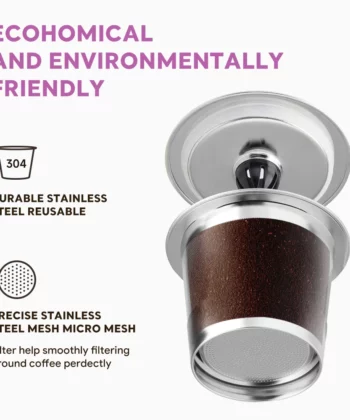 Reusable stainless steel coffee filter with mesh, promoting eco-friendly benefits. Text highlights durability and precision. | Hustle Coffee