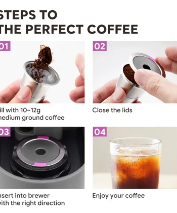 Steps to make coffee: fill with ground coffee, close lids, insert into brewer, and enjoy the coffee in a glass. | Hustle Coffee