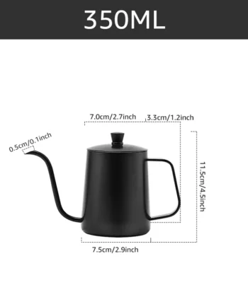 Black gooseneck kettle with measurements: spout 0.5cm, body 7.5cm wide, 11.5cm tall. Capacity: 350ml. | Hustle Coffee