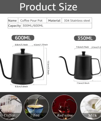Two black coffee pour pots with measurements shown in milliliters, alongside images of coffee, tea, red wine, and milk. | Hustle Coffee