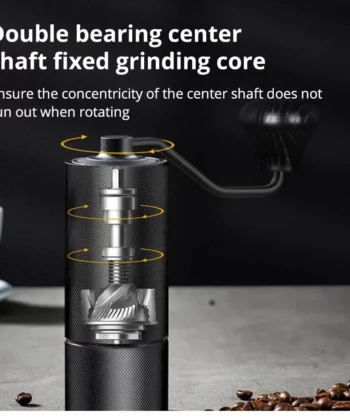 Manual coffee grinder with a double bearing center shaft. Text highlights its stability while grinding. Coffee beans nearby. | Hustle Coffee