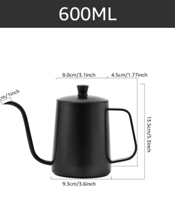 Black gooseneck kettle with measurements: 8cm wide, 13.5cm tall, 9.3cm deep; 600ml capacity. | Hustle Coffee