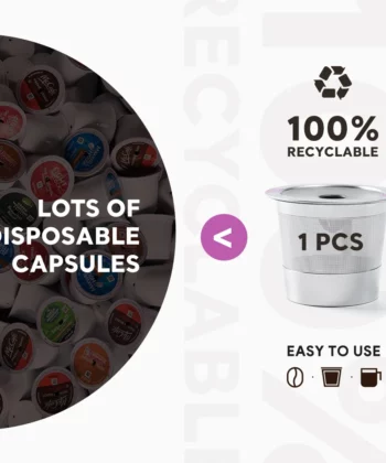 Image comparing many disposable coffee capsules with one recyclable capsule, labeled "100% recyclable, easy to use. | Hustle Coffee