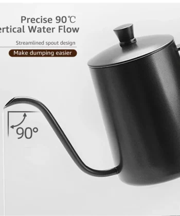 Black kettle pouring water at a 90-degree angle, showcasing a streamlined spout design for precise vertical water flow. | Hustle Coffee