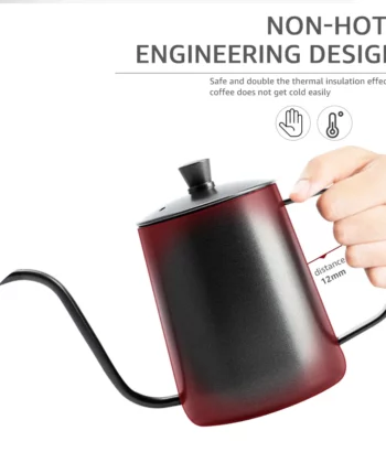 A hand holding a red coffee pot with a long spout, showcasing its non-hot engineering design feature. | Hustle Coffee
