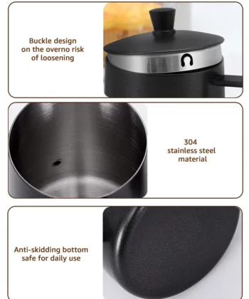 Coffee pot with lid, showing buckle design, stainless steel interior, and anti-skidding bottom. Text highlights features. | Hustle Coffee