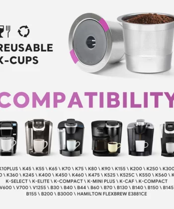 Reusable K-Cups with compatibility list: K10PLUS to C4000, some B and Hamilton Flexbrew models. Seven coffee maker images. | Hustle Coffee