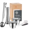 Reusable coffee capsule set with a box, stainless steel capsules, tongs with a scoop, tamper, and a plastic scoop. | Hustle Coffee