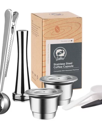 Reusable coffee capsule set with a box, stainless steel capsules, tongs with a scoop, tamper, and a plastic scoop. | Hustle Coffee