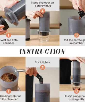 Steps to brew coffee with a chamber device, including adding coffee, pouring water, stirring, and pressing the plunger. | Hustle Coffee