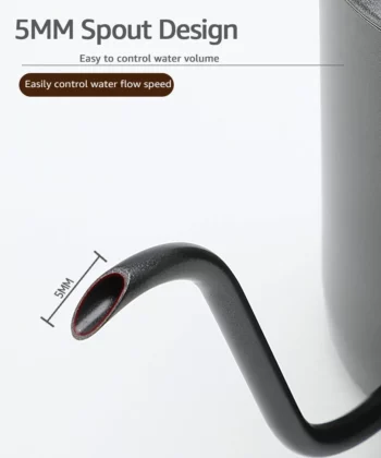 Close-up of a black spout with a 5mm opening, designed to control water flow. Text highlights "5MM Spout Design. | Hustle Coffee