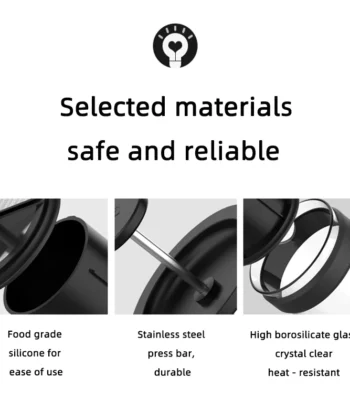 Image showing three labeled components of a product: food grade silicone, stainless steel press bar, and high borosilicate glass. | Hustle Coffee